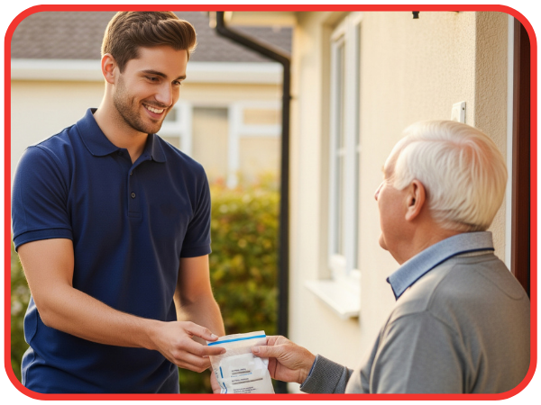 A caring Covenant Transportation driver hands a prescription bag to a smiling elderly person at their front door, representing the company's reliable and compassionate medication pickup and delivery service.