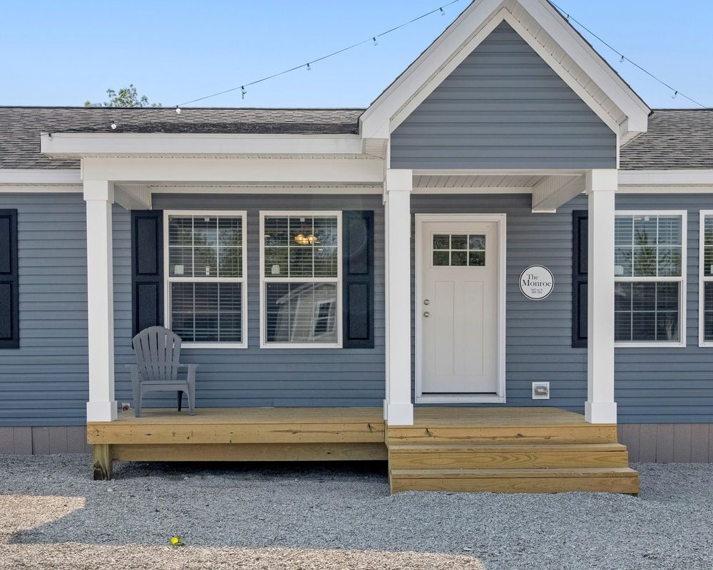front porch, blue modular home