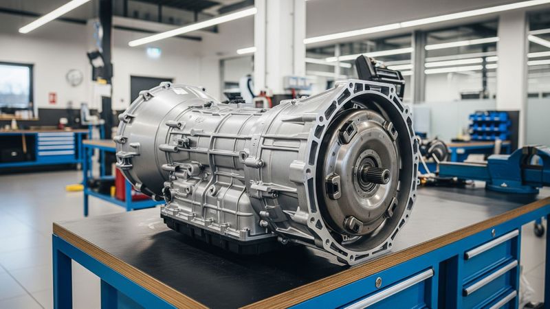 A brand new, clean transmission unit on a workbench in a modern auto shop.
