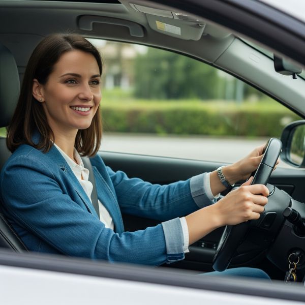 A woman smiling confidently while driving from the correct left-hand driver's seat, representing peace of mind. A woman smiling confidently while driving from the correct left-hand driver's seat, representing peace of mind.