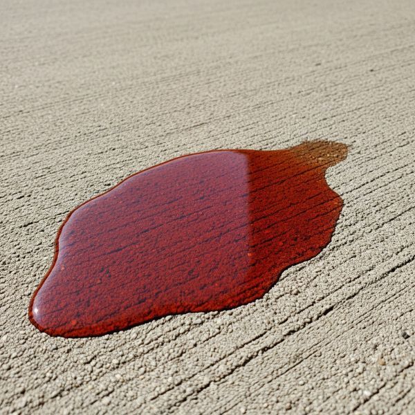 A close-up of an oily, reddish-brown transmission fluid leak on a textured concrete driveway.