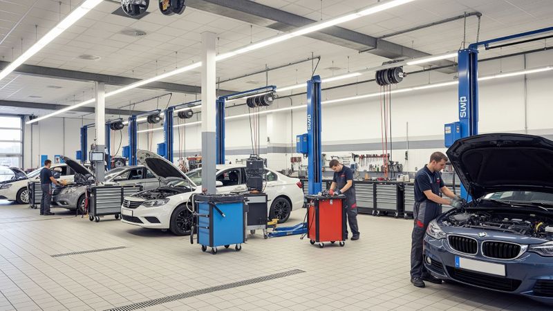 A clean and modern auto repair shop, showcasing a professional environment.