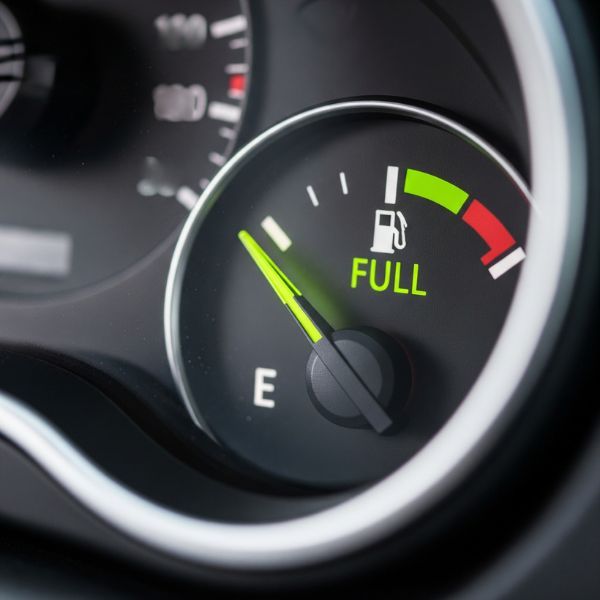 A close-up of a car's fuel gauge needle pointing to the Empty mark. A close-up of a car's fuel gauge needle pointing to the Empty mark.