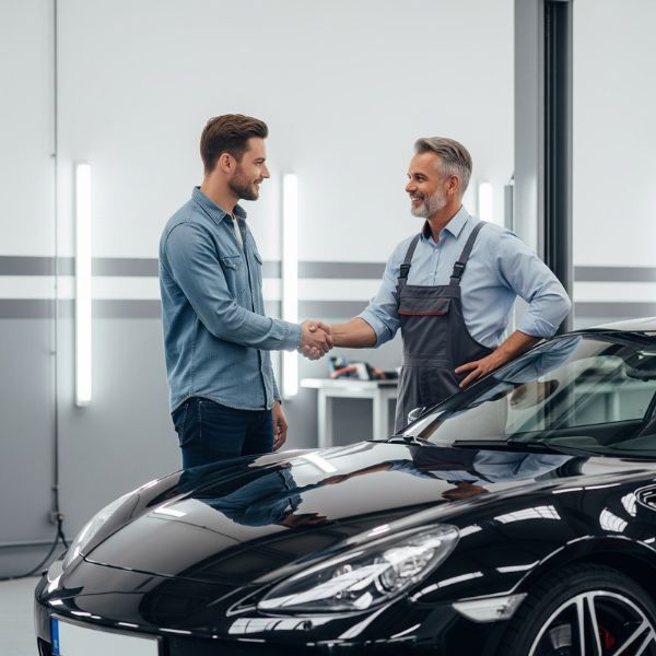 A happy car owner shakes hands with a technician, symbolizing the added value from a professional service. A happy car owner shakes hands with a technician, symbolizing the added value from a professional service.