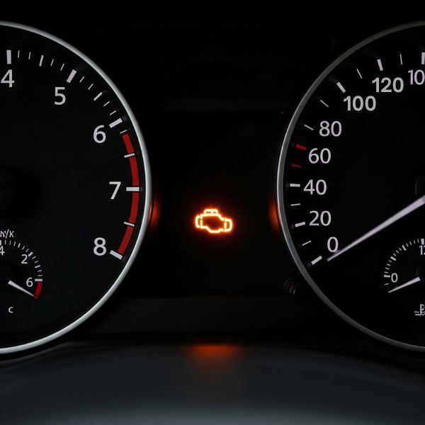 A close-up of an illuminated amber check engine light on a modern car's dashboard.