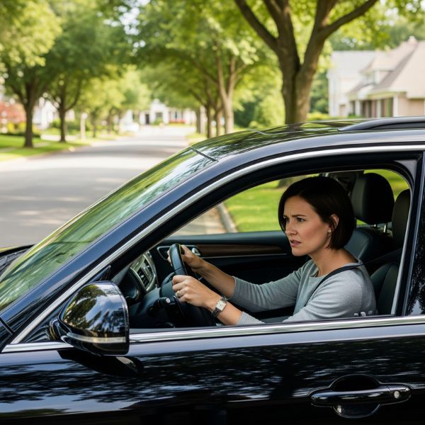 A woman with her hands on the steering wheel, listening with a concerned expression to a strange noise from her car.
