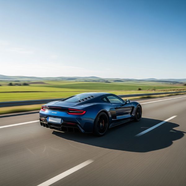 A dark blue sports car accelerating smoothly on an open highway. A dark blue sports car accelerating smoothly on an open highway.