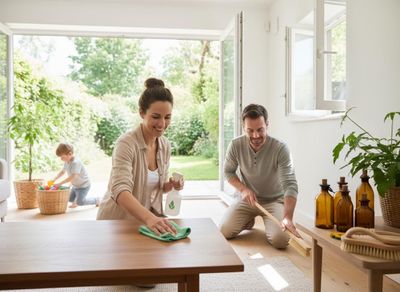 Family cleaning home with natural products