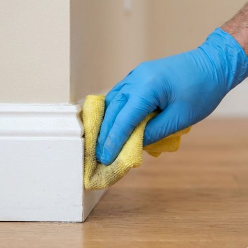 Professional cleaner scrubbing baseboards as part of a deep cleaning scope.