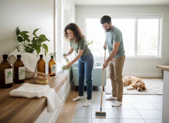 Couple cleaning their home with sustainable products and their dog