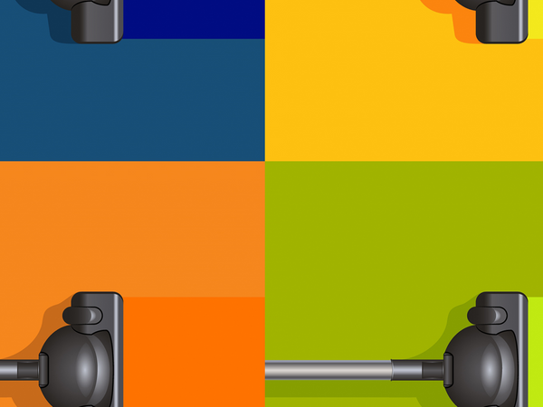 Colorful, illustrated, grid image of four vacuums in motion over blue, yellow, orange, and green squares.