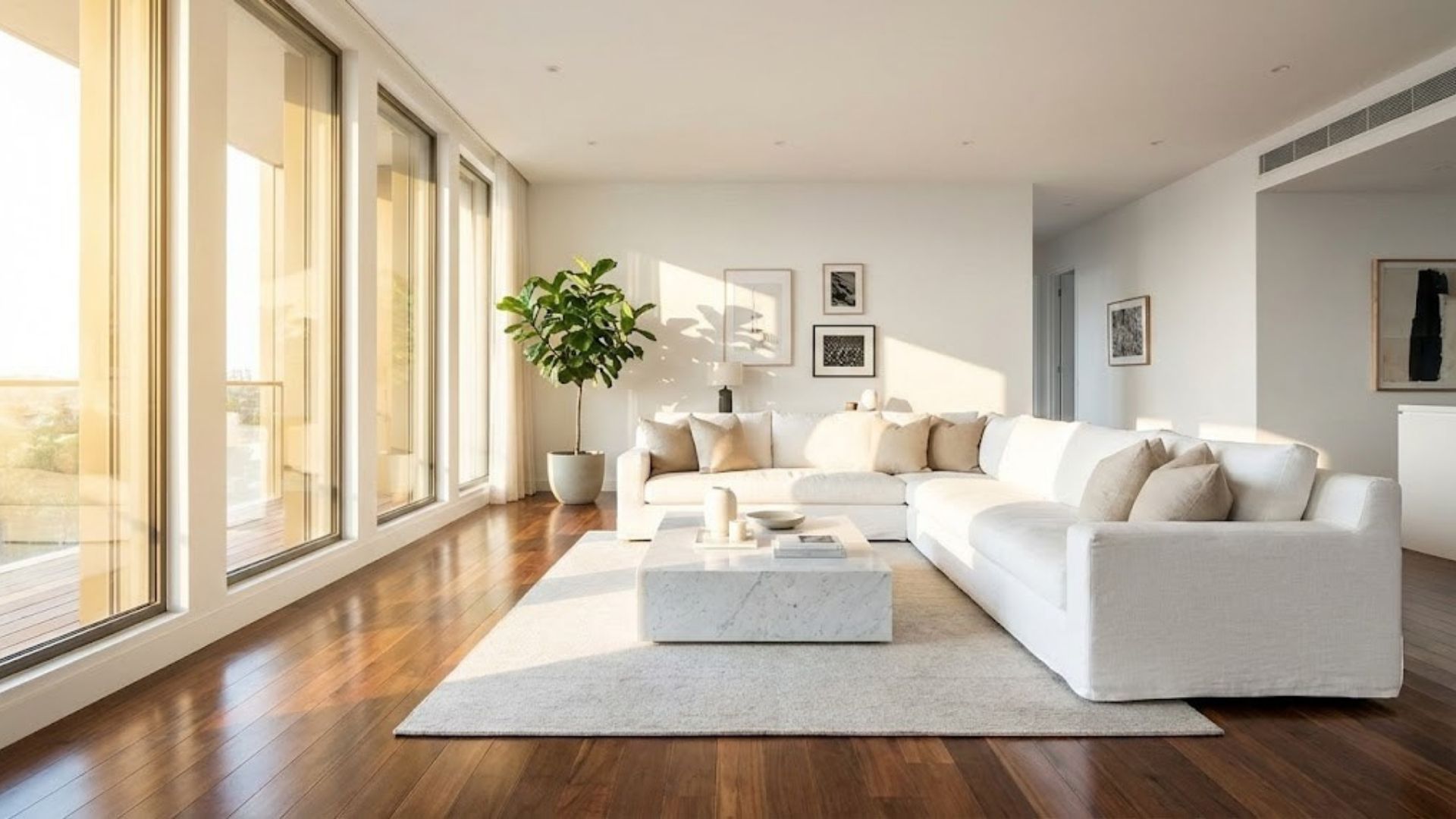  Pristine modern living room representing the results of Blue and Green Cleaning Corp deep cleaning service.