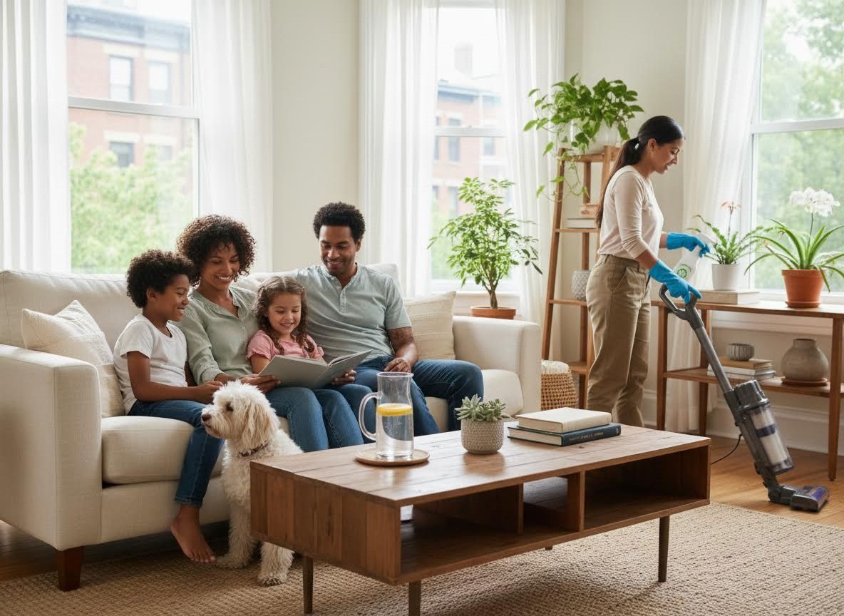 Family Reading and Woman Cleaning in Sunny Living Room