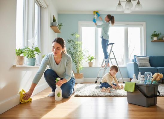 A family cleans their bright home. One woman wipes baseboards, another cleans a window on a ladder, and a child plays with toys nearby. Family Cleaning House Together