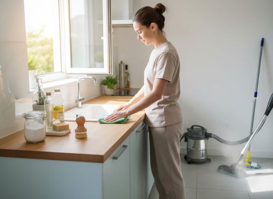 A woman wipes down a kitchen counter with a green cloth next to natural cleaning supplies, a vacuum, and a steam mop. Woman cleaning kitchen counter with eco-friendly products