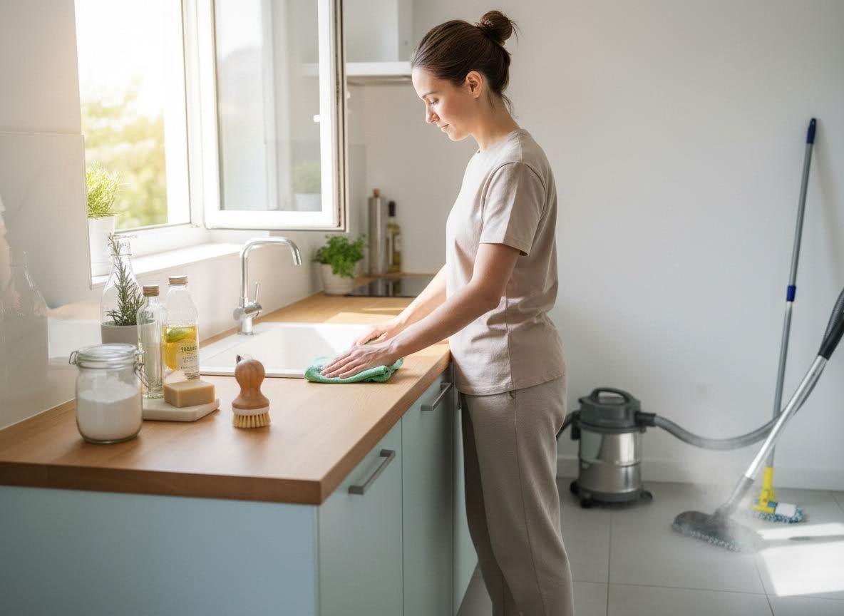 Woman cleaning kitchen counter with eco-friendly products