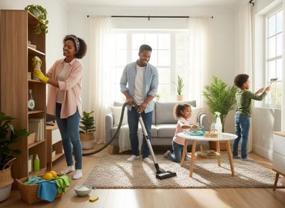 Happy family cleaning living room together