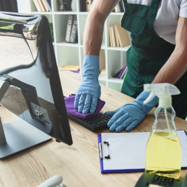 cleaning computer and desk 