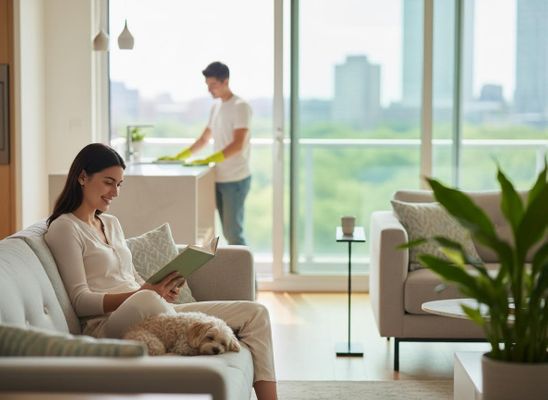 A woman smiles reading a book on a sofa with her small dog asleep on her lap, as a man cleans the kitchen in the background. Woman reading with dog while man cleans kitchen