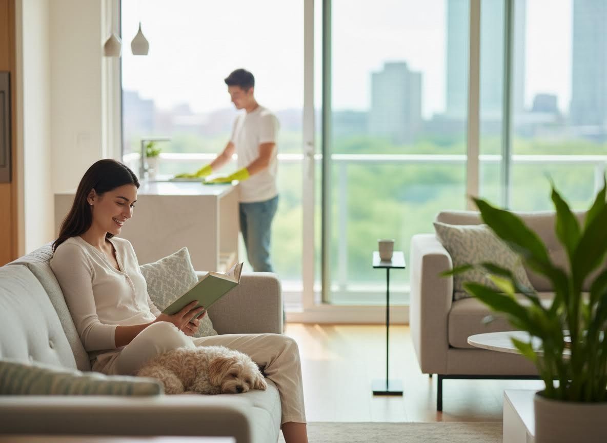 Woman reading with dog while man cleans kitchen