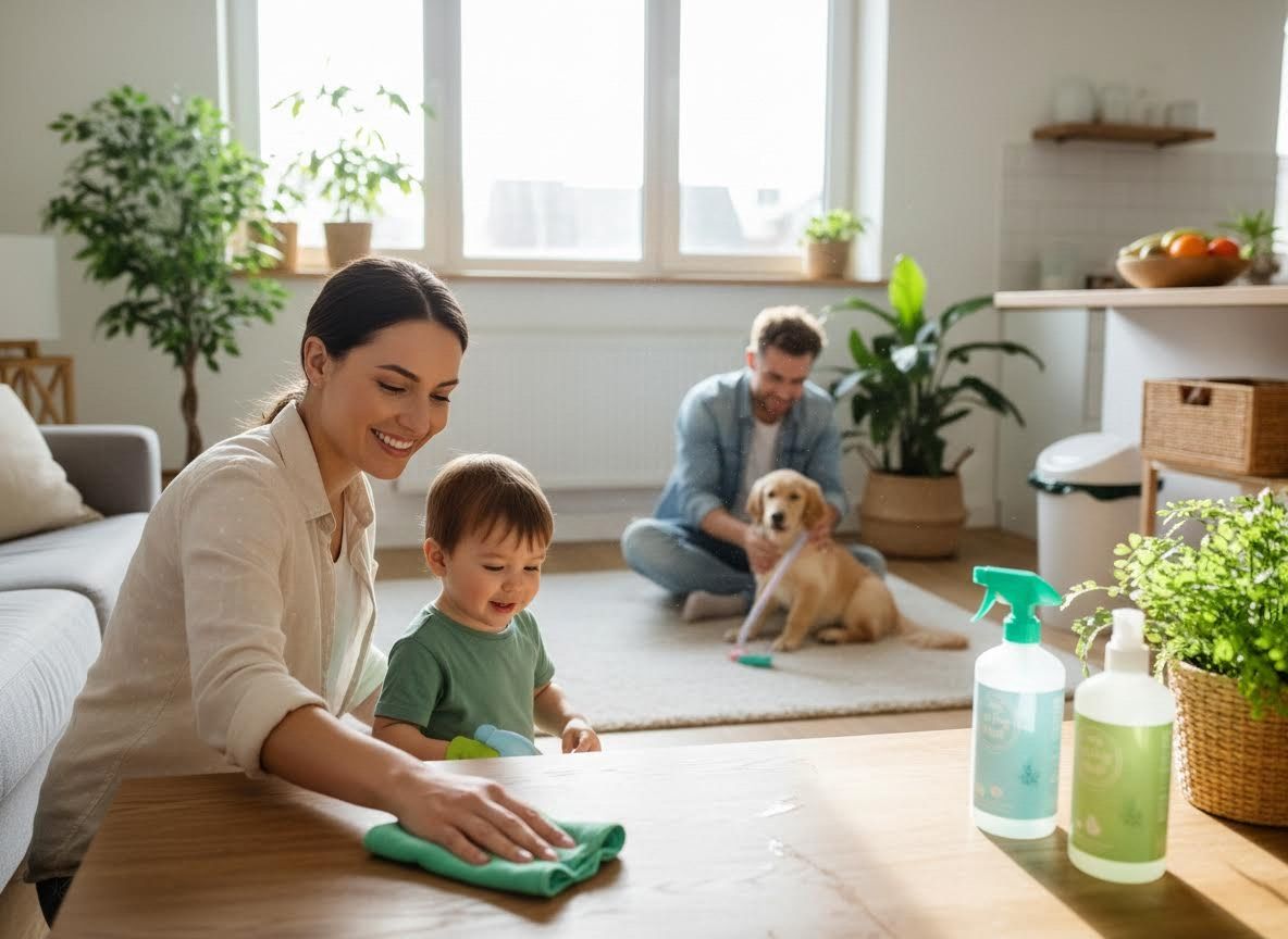 Family Cleaning Together with Pet Dog
