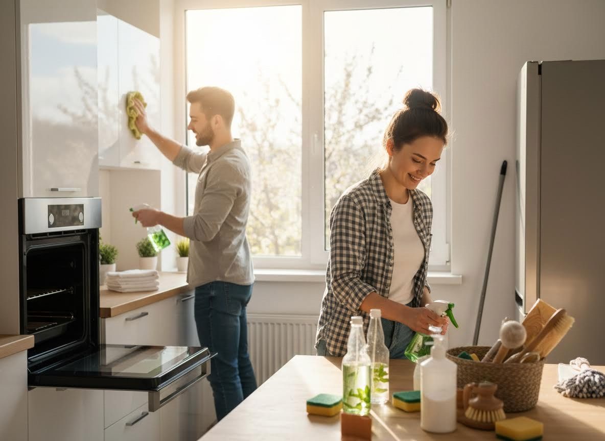 Couple cleaning their modern kitchen