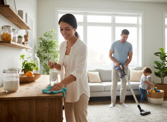 A smiling woman wipes a cabinet while a man vacuums the living room carpet. Their child plays with toys nearby. Family Cleaning Home