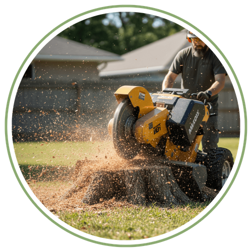 man using a stump grinder on a large stump