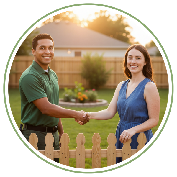 A tree service professional and a homeowner smile as they shake hands over a backyard fence.