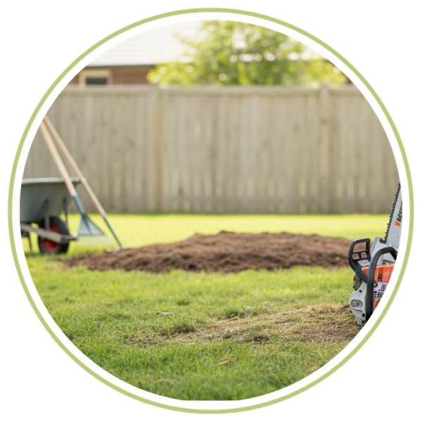 A pile of fresh topsoil sits on a lawn next to a chainsaw, indicating a recently completed landscaping job.