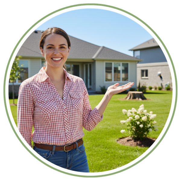 A smiling homeowner gestures with an open hand toward their backyard where a tree stump is visible.