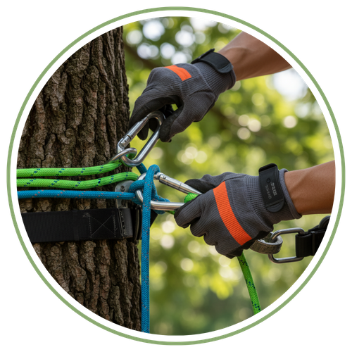 A close-up of an arborist's gloved hands securing professional rigging equipment to a tree.