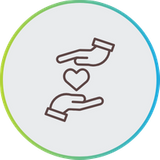 Line art icon of two hands gently holding a small heart together, enclosed in a blue and green circular border.