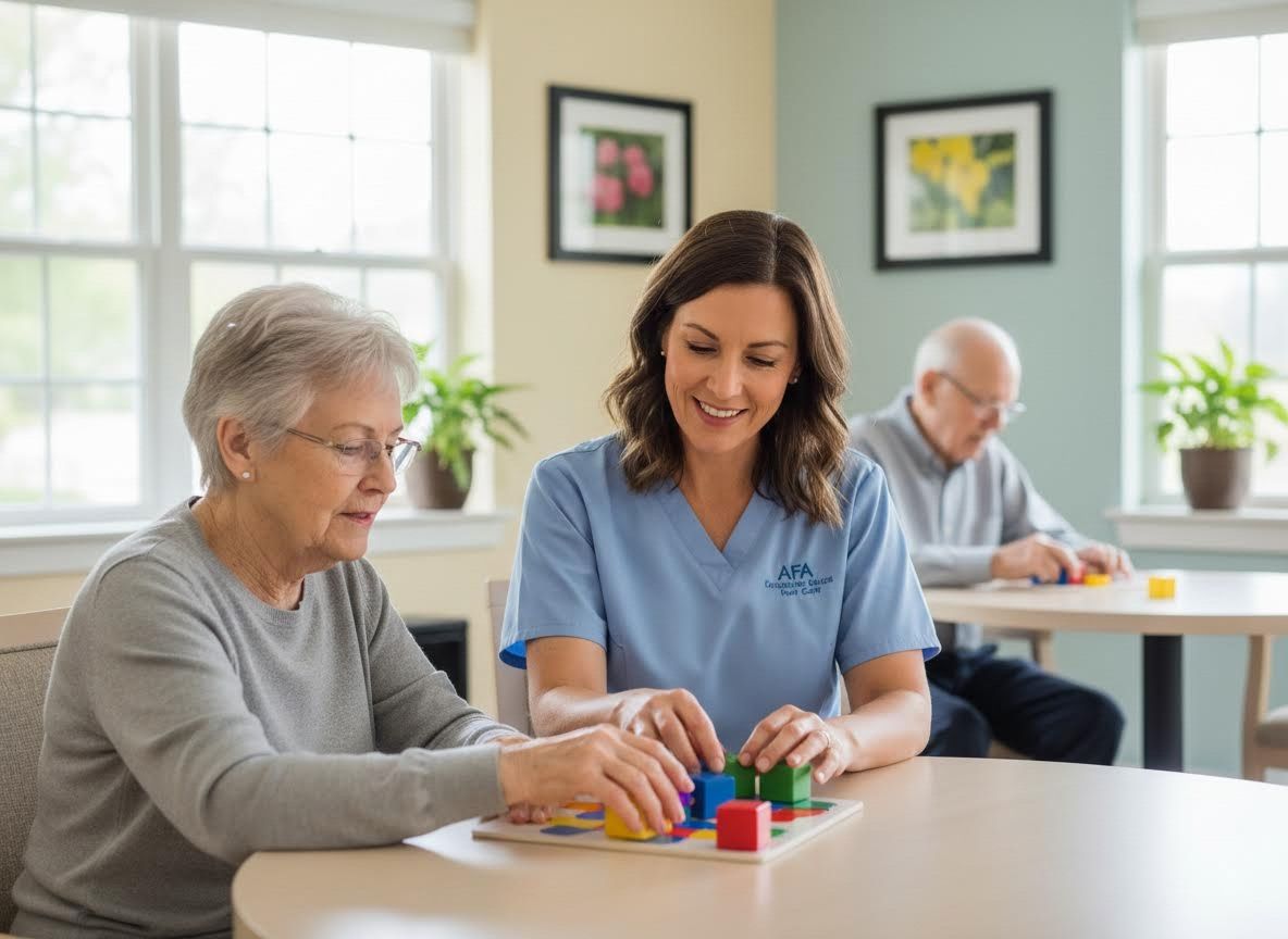 Caregiver and Senior Woman Playing Cognitive Block Game