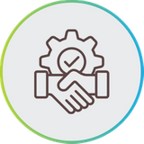 Line art icon of a handshake beneath a gear containing a checkmark, enclosed in a blue and green circular border.