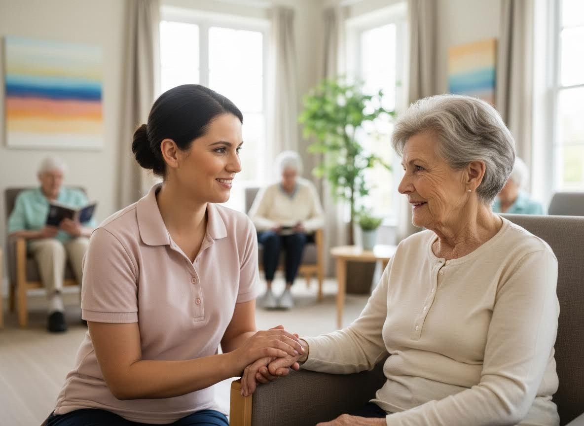 Caregiver and senior woman smiling and holding hands