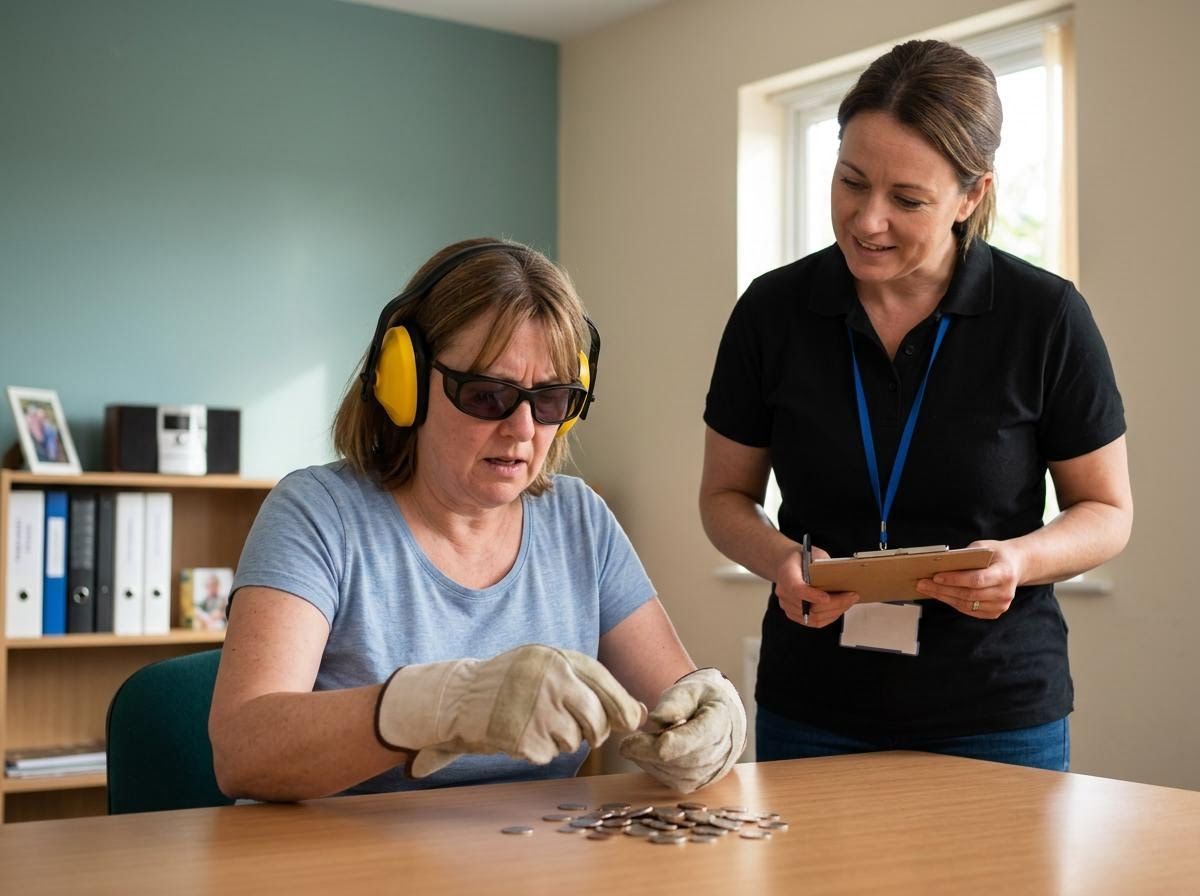 Woman simulating sensory and dexterity impairments