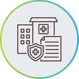 Line art icon of medical buildings alongside an insurance document and a protection shield, enclosed in a blue and green circular border.