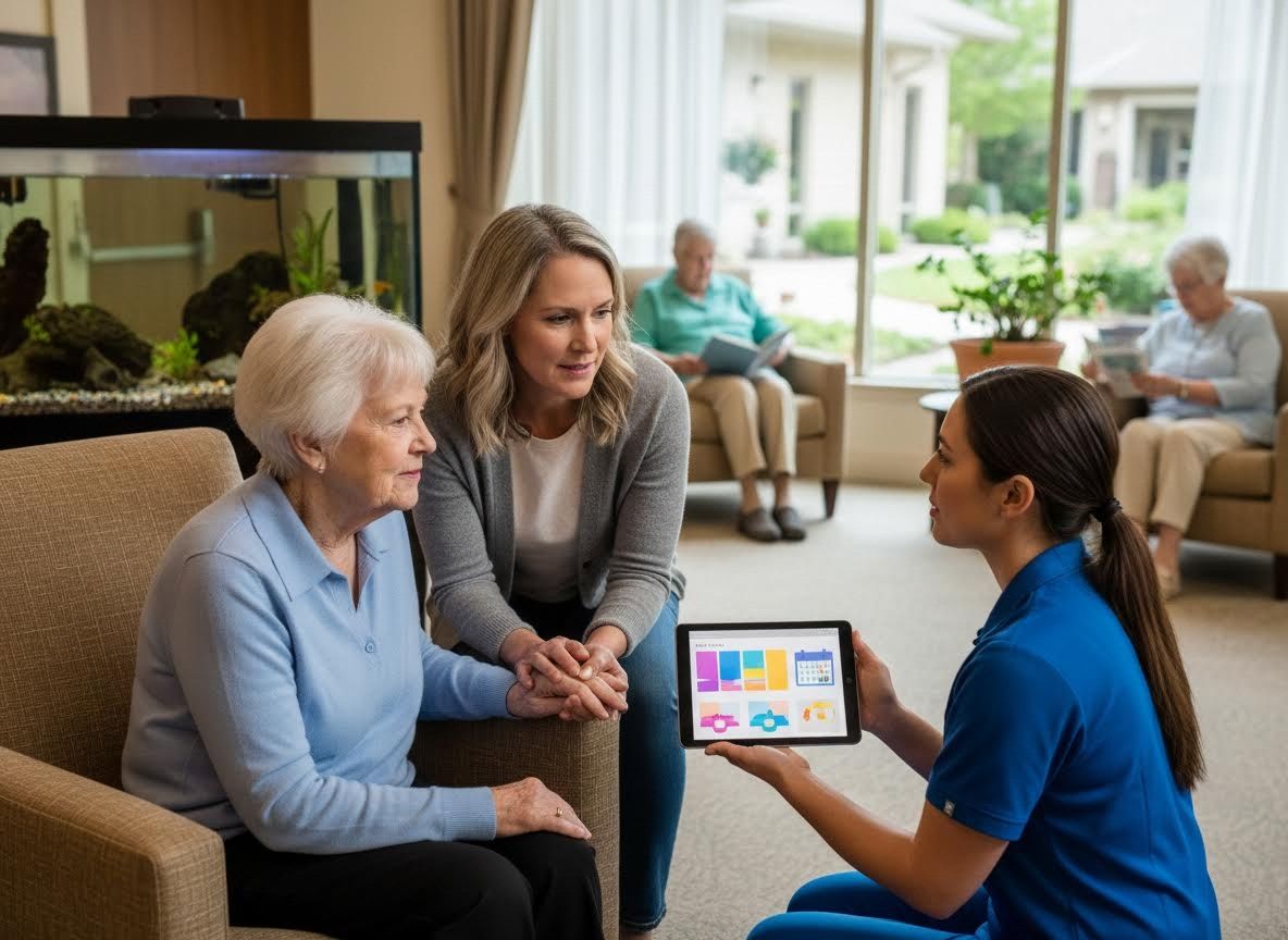 Caregiver Explaining Schedule to Senior Resident and Family in Assisted Living