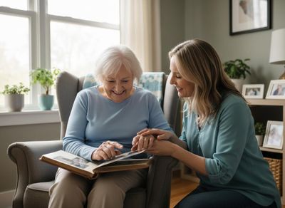 A happy elderly woman and a younger woman smile and hold hands while looking at old photos in an album in a bright living room. Elderly woman and younger woman sharing memories with a photo album