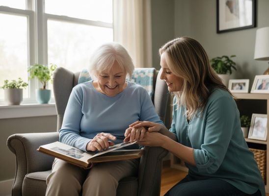 Elderly woman and younger woman sharing memories with a photo album
