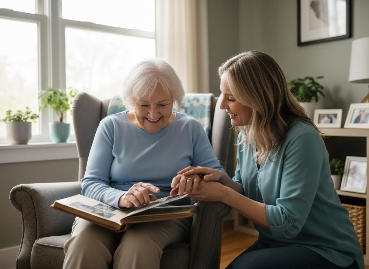 Elderly woman and younger woman sharing memories with a photo album