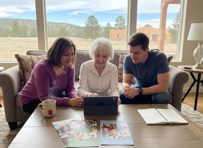 Three people of different generations—an older woman, a younger woman, and a young man—sit on a couch, smiling and looking at a tablet. Three people watching a tablet together in a bright living room