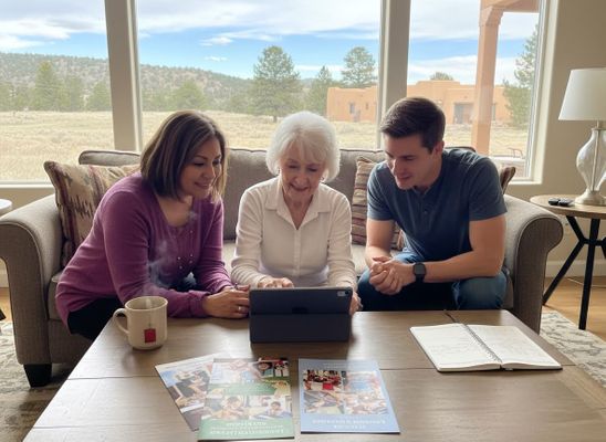 Three people watching a tablet together in a bright living room