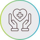 Line art icon of hands holding a heart with a medical cross inside, enclosed in a blue and green circular border