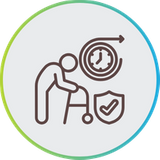 Line art icon of an elderly person using a walker next to a shield emblem and a clock with a circular arrow, enclosed in a blue and green circular border.