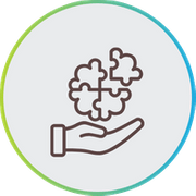 Line art icon of a hand holding connecting puzzle pieces inside a blue and green circular border.