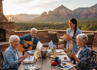 A diverse group, including three joyful seniors, paint and play guitar on an outdoor patio with stunning red rock mountains at golden hour. Seniors painting and playing guitar on a mountain-view patio at sunset