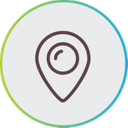 Line art map pin location icon inside a blue and green circular border.