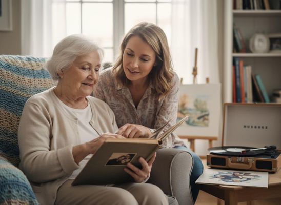 Mother and daughter looking at a photo album